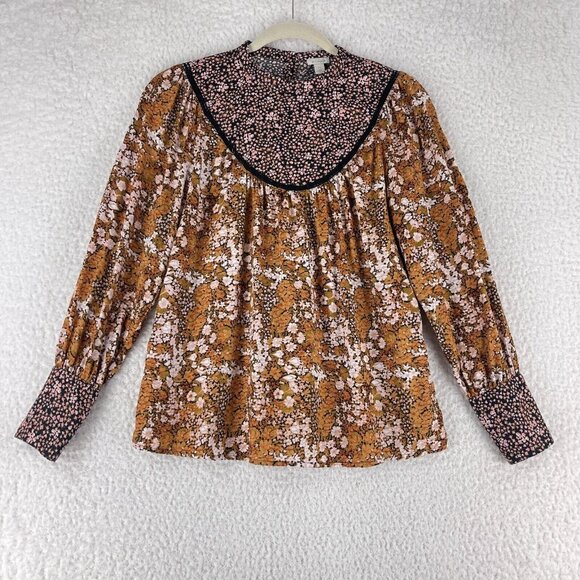 Hinge Brown Floral Mix Print Shirt Womens Prairie Chic High Neck Size XS - Picture 1 of 13